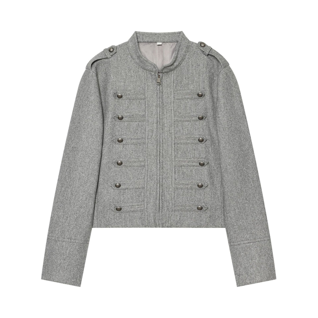 Damen militärisch inspirierte Wolljacke mit Stehkragen Zipper und dekorativen Knopfleisten – Célinea
