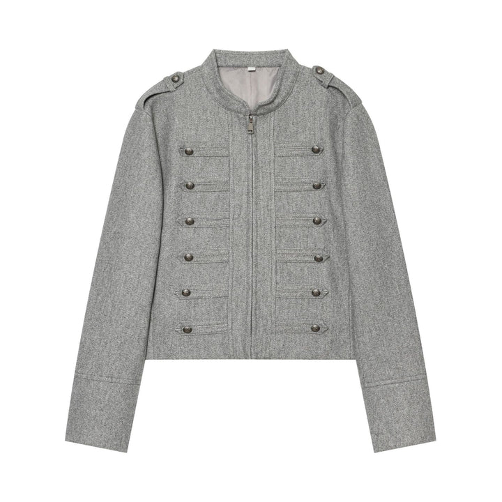 Damen militärisch inspirierte Wolljacke mit Stehkragen Zipper und dekorativen Knopfleisten – Célinea