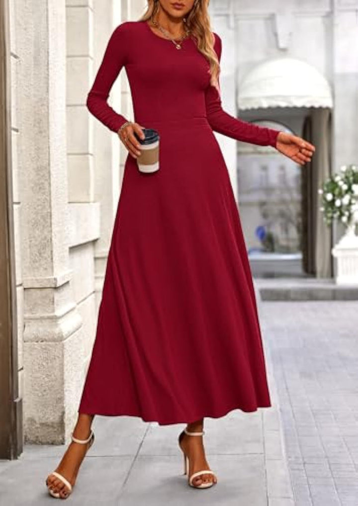 Damen Langärmeliges Maxikleid mit tailliertem Oberteil und fließendem A-Linien-Rock – Valéora