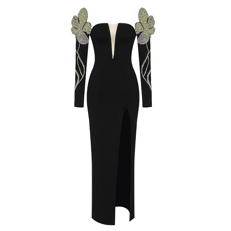 Damen Elegantes Abendkleid mit glitzernden Flügel-Applikationen und tiefem V-Ausschnitt Echo Archiv