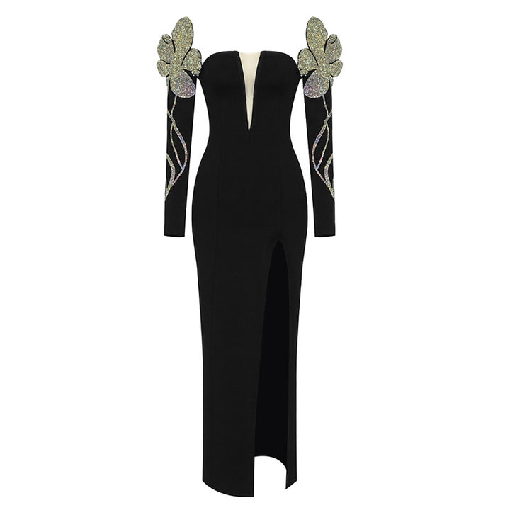 Damen Elegantes Abendkleid mit glitzernden Flügel-Applikationen und tiefem V-Ausschnitt Echo Archiv