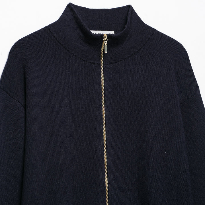 Damen Cropped Feinstrick-Cardigan mit Stehkragen, durchgehendem Reißverschluss und taillierter Ripppartie Echoarchiv