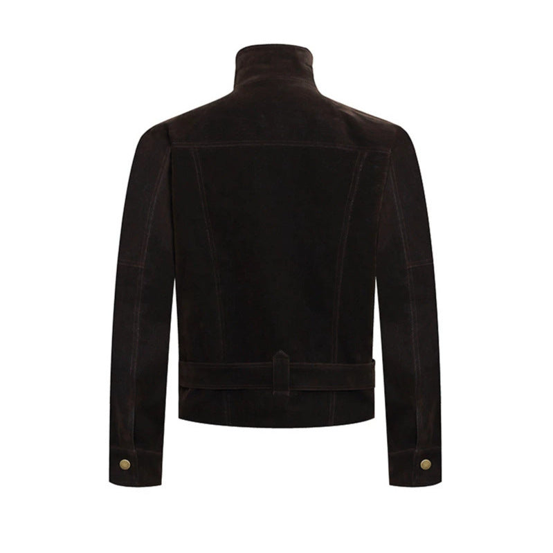 Herren Wildleder-Bikerjacke mit Stehkragen, Druckknopffront und Taillengürtel Echoarchiv