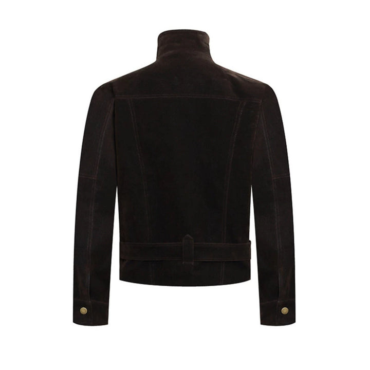 Herren Wildleder-Bikerjacke mit Stehkragen, Druckknopffront und Taillengürtel Echoarchiv