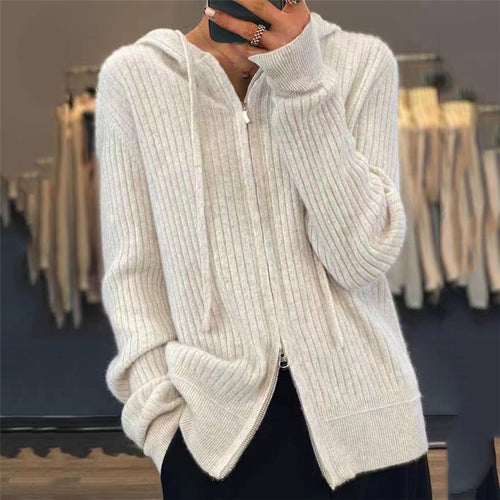 Damen nan oversized Rippstrick-Kapuzencardigan mit Zwei-Wege-Reißverschluss und Kaschmir-Blend Echo Archiv