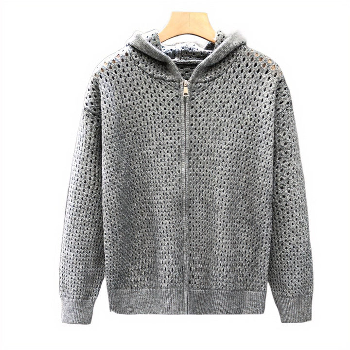 Unisex Leichte Lochstrick-Kapuzenzipjacke mit Ajourmuster Echoarchiv