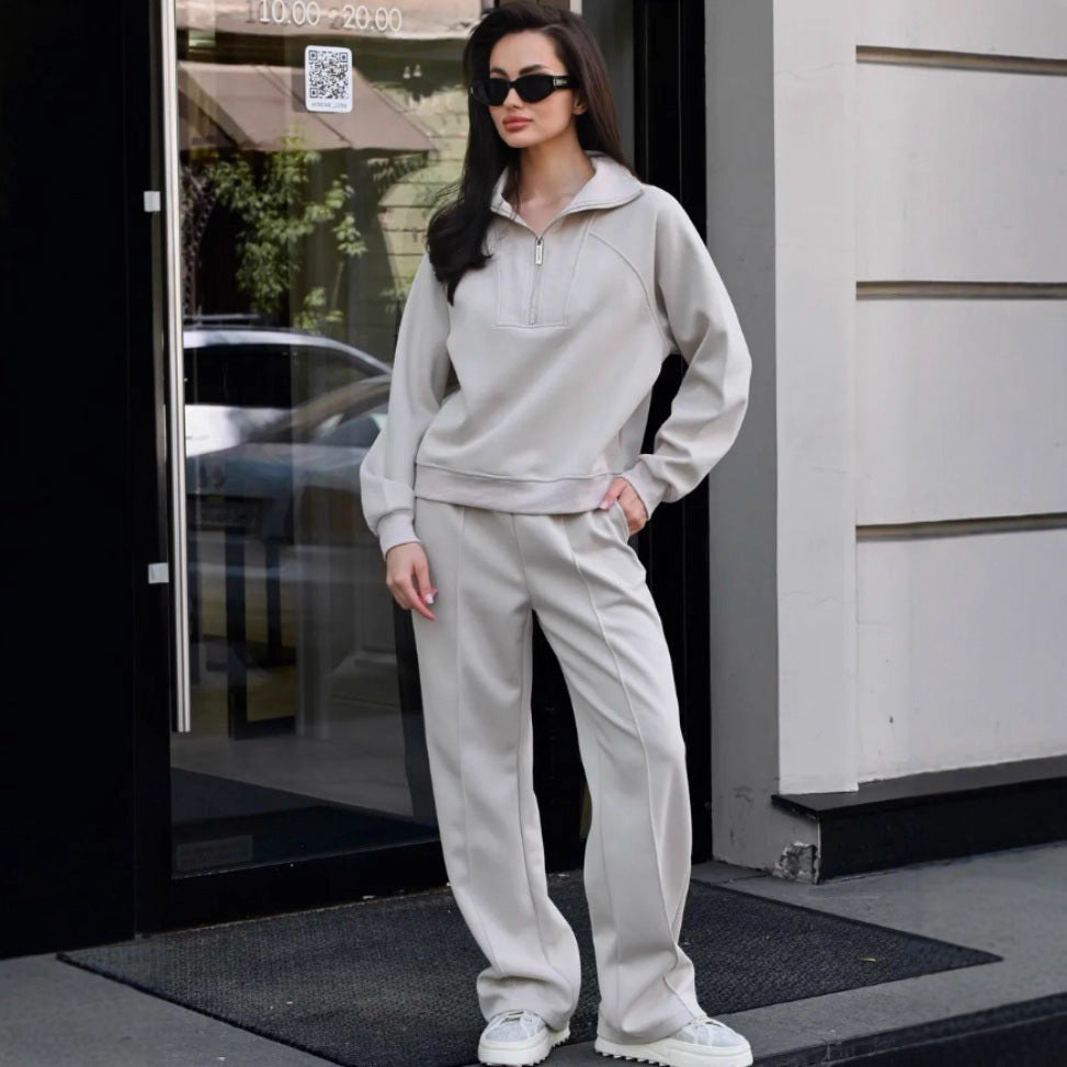 Damen Oversize-Halbreißverschluss-Sweatshirt mit weit geschnittener hochgeschnittener Palazzo-Hose – Élanora