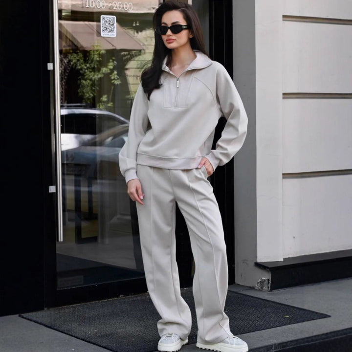 Damen Oversize-Halbreißverschluss-Sweatshirt mit weit geschnittener hochgeschnittener Palazzo-Hose – Élanora