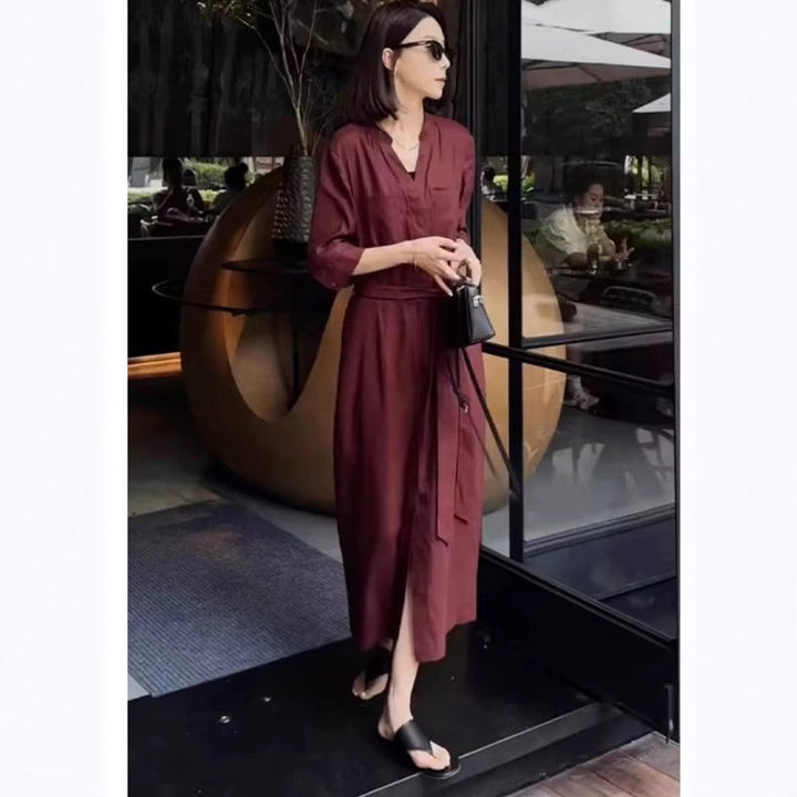 Damen Leichter Culotte-Jumpsuit mit Stehkragen, 3/4-Ärmeln und Taillengürtel – Solévia