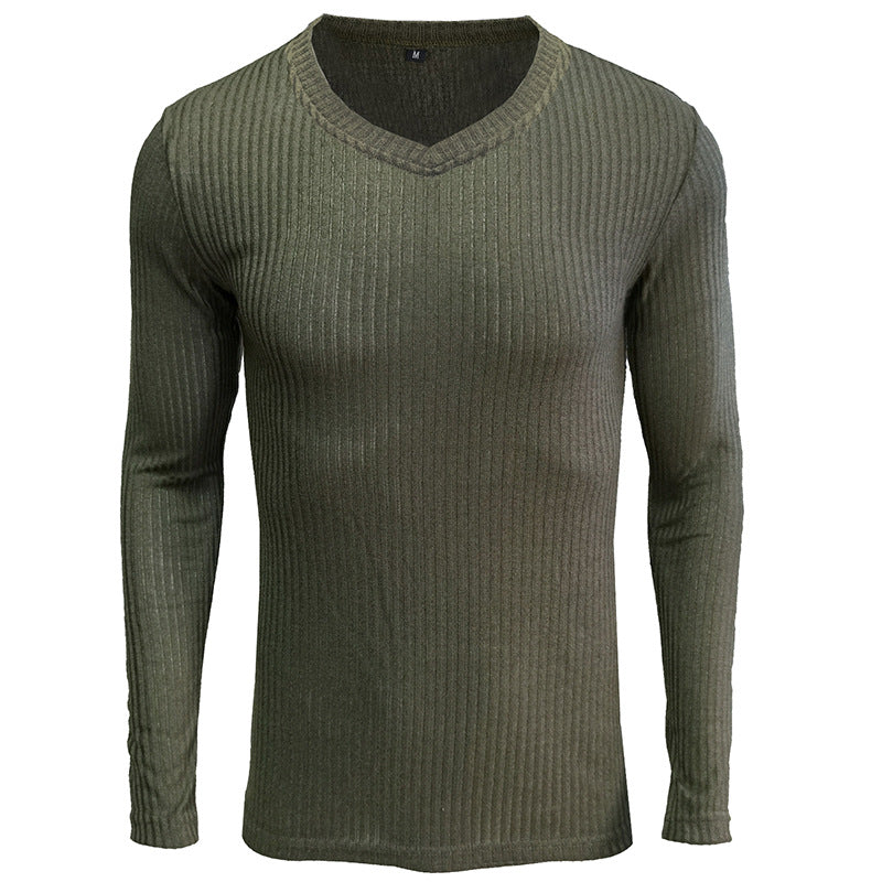 Herren V-Ausschnitt Langarmstrickpullover mit geripptem Design Echoarchiv