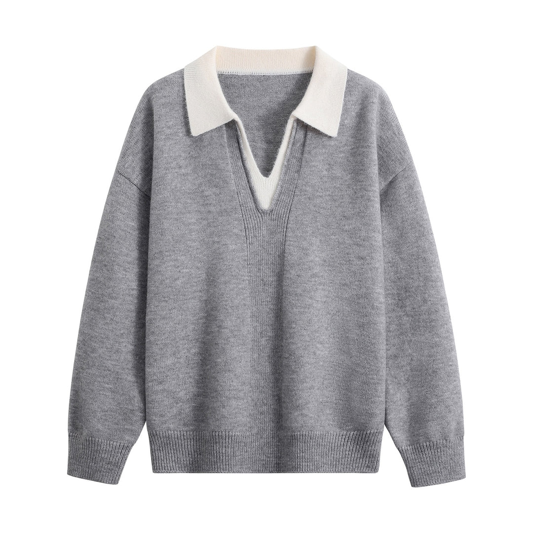 Damen Oversize-Polo-Strickpullover aus weichem Wollmix mit kontrastkragen und tiefem V-Ausschnitt Echoarchiv