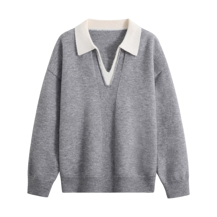 Damen Oversize-Polo-Strickpullover aus weichem Wollmix mit kontrastkragen und tiefem V-Ausschnitt Echoarchiv