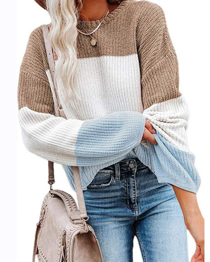 Damen Oversize Colorblock Strickpullover mit Ballonärmeln Echoarchiv
