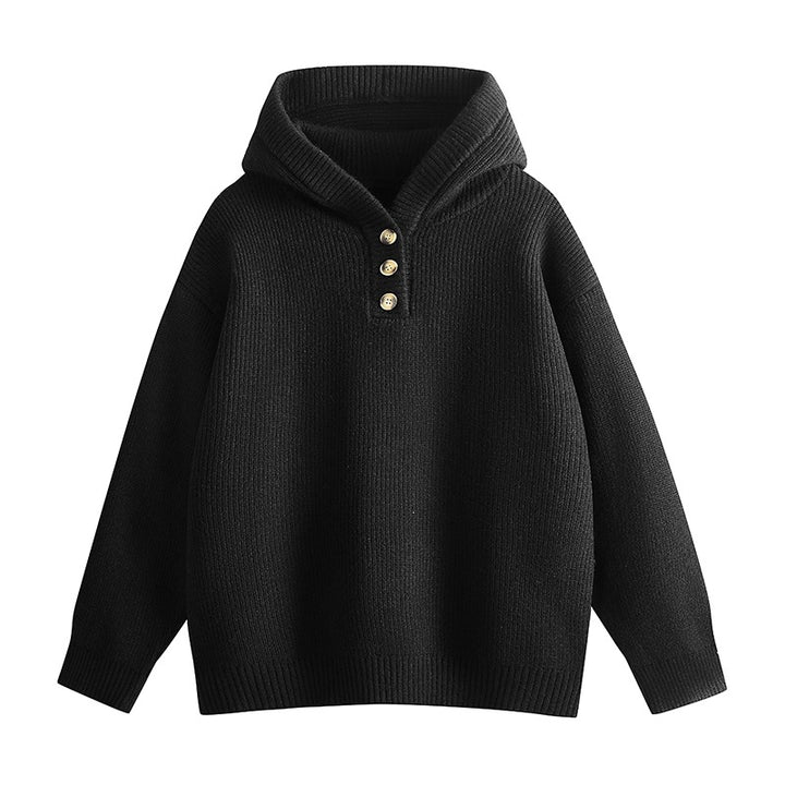 Damen Relaxed Kapuzenpullover aus geripptem Strick mit Halbsteg-Knopfleiste Echoarchiv