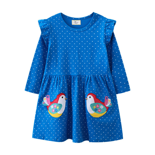 Mädchen Baumwollkleid mit verspielten Vogelapplikationen Echo Archiv