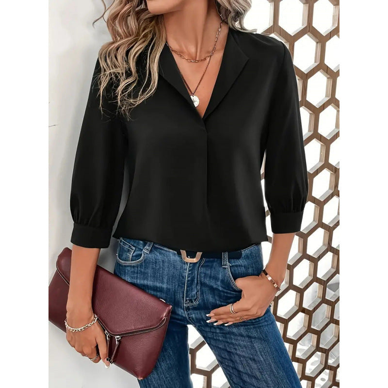 Damen Elegante Viskosebluse mit 3/4-Ärmeln und V-Ausschnitt – Élovi