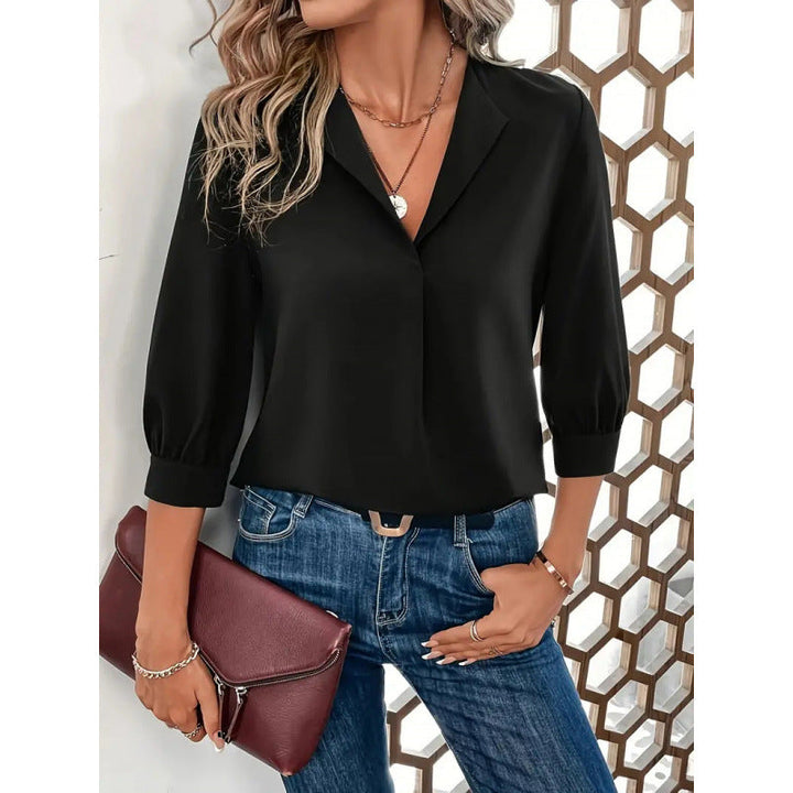 Damen Elegante Viskosebluse mit 3/4-Ärmeln und V-Ausschnitt – Élovi