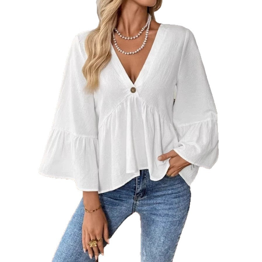 Damen nan elegante Empire-Bluse mit V-Ausschnitt, geraffter Brustnaht und Glockenärmeln Echo Archiv