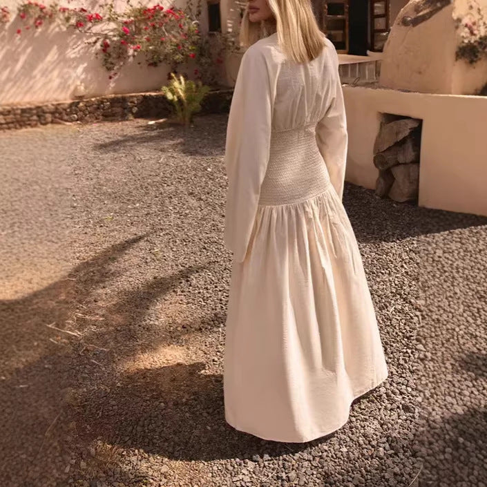 Damen Langes Boho-Maxi-Kleid mit Smock-Taillenband, tiefem V‑Ausschnitt und weiten Ballonärmeln – Valéora