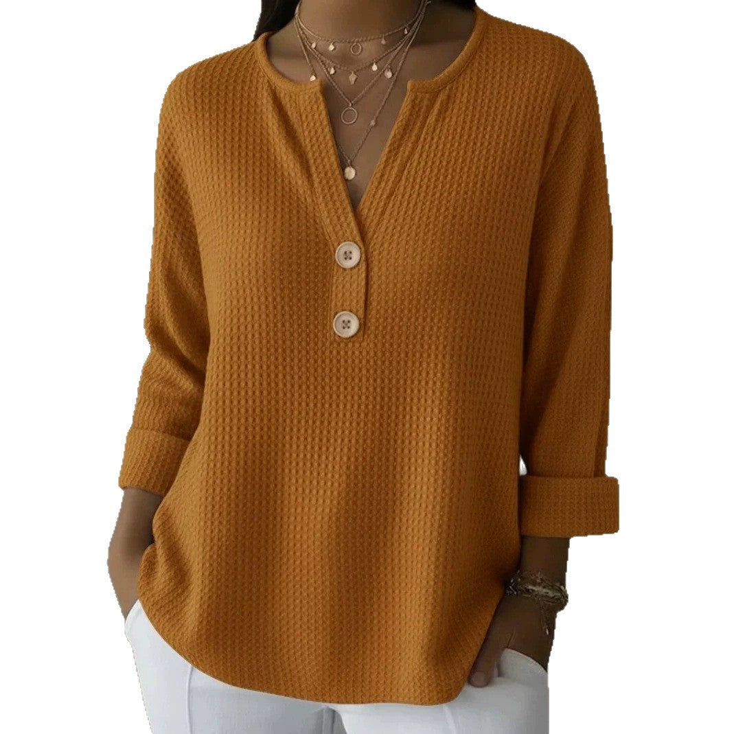 Damen Waffelstruktur Henley-Shirt mit V-Ausschnitt kurze Knopfleiste und krempelbaren 3/4-Ärmeln – Avérine