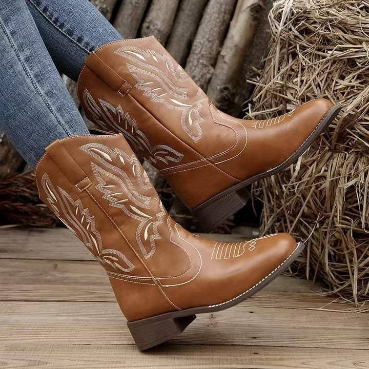 Damen Western-Cowboystiefel mit spitzer Kappe, gesticktem Schaft und mittlerem Blockabsatz Echo Archiv