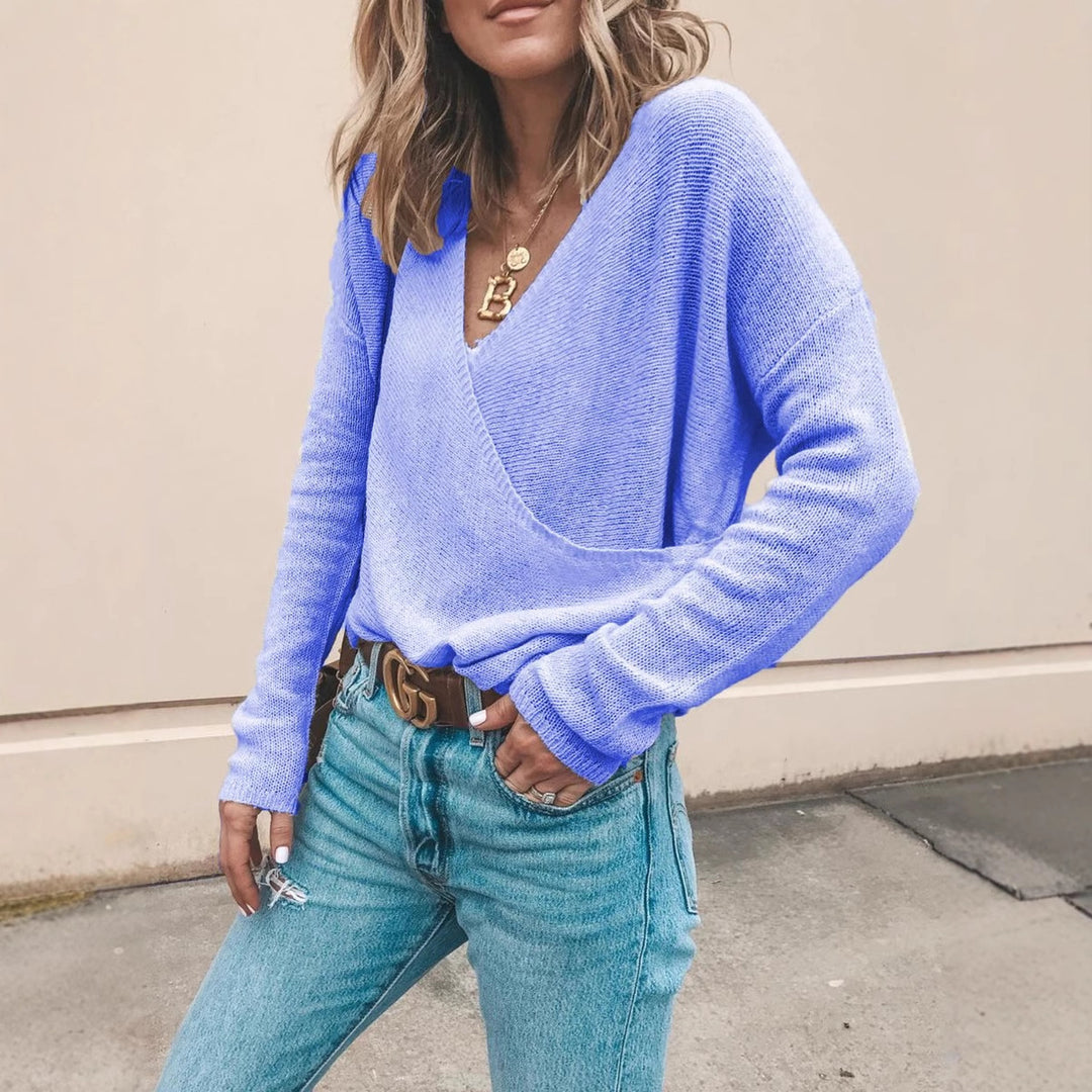 Damen Leichter Oversized Strickpullover mit Wickeloptik und V-Ausschnitt Echoarchiv