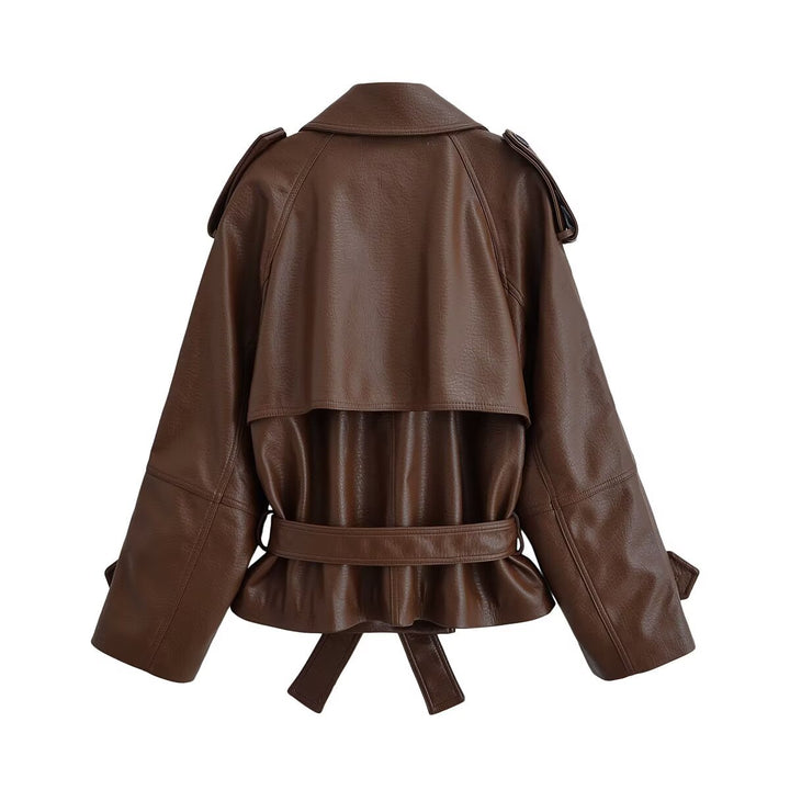 Damen Kurz geschnittener Kunstleder-Trenchcoat mit Bindegürtel und doppelreihiger Knopfleiste Echo Archiv