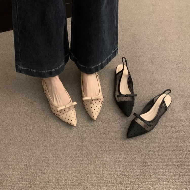 Damen Spitz zulaufende Slingback-Ballerinas mit gepunktetem Mesh und Zierschleife – Lioré