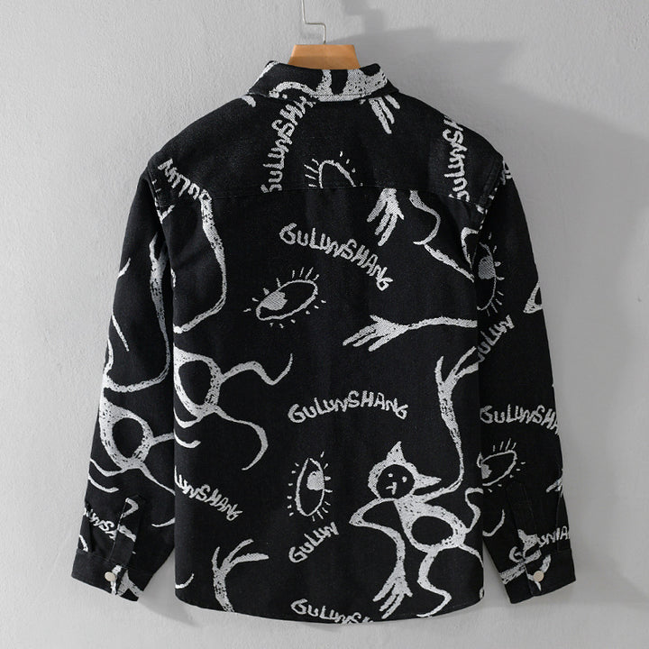 Herren Overshirt mit grafischem Doodle‑Print, Druckknopfverschluss und Brusttasche Echoarchiv