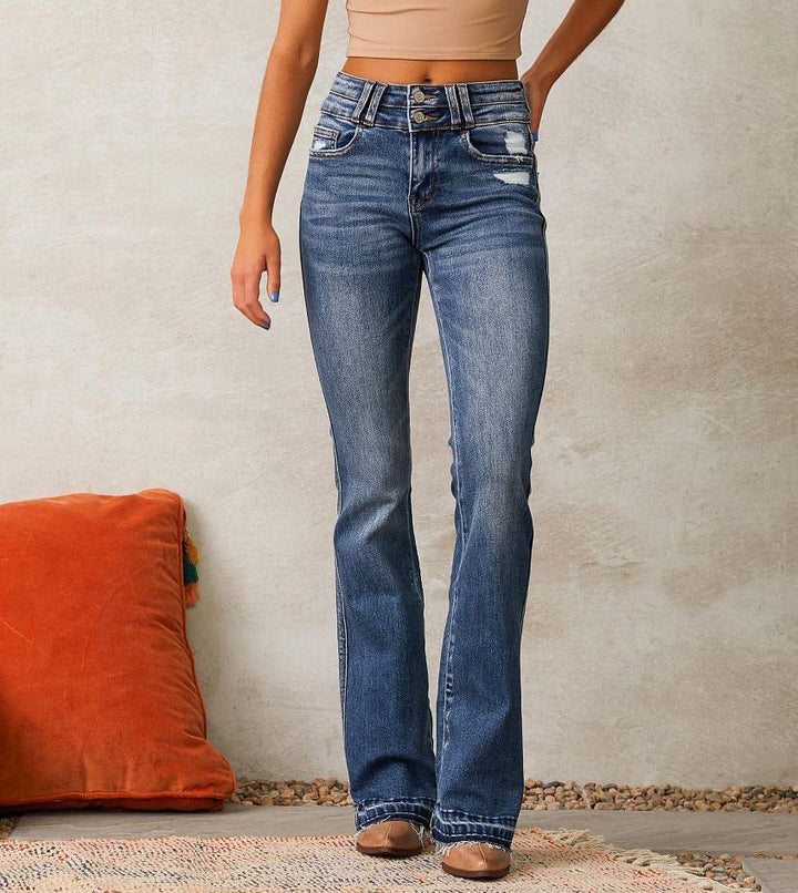 Damen nan hochtaillierte Vintage-Bootcut-Jeans mit doppelter Knopfleiste, leichtem Destroyed-Detail und ausgefranstem Saum Echo Archiv