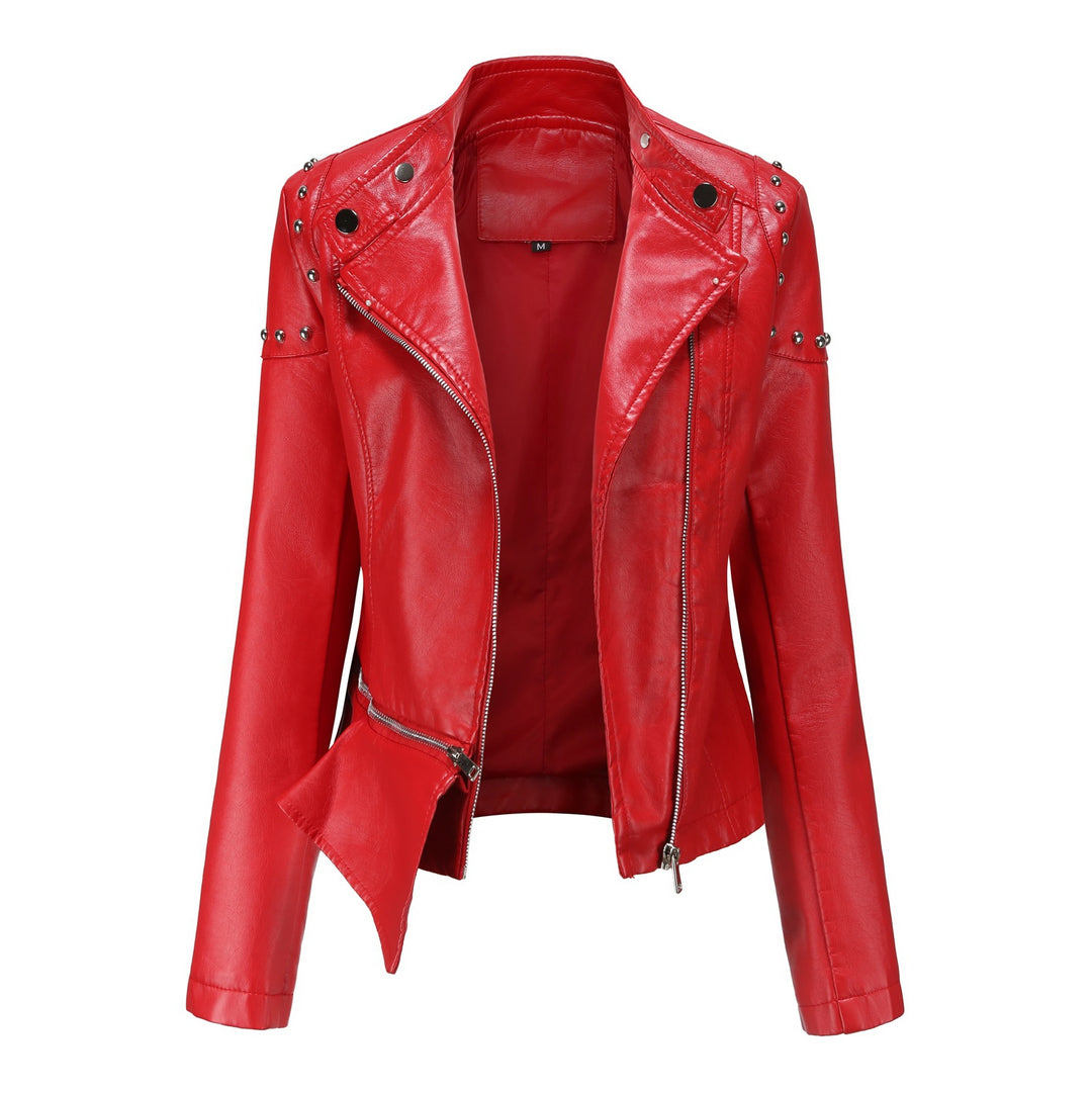 Damen nan asymmetrische Kunstleder-Bikerjacke mit Nietenapplikation und tailliertem Schößchen Echo Archiv