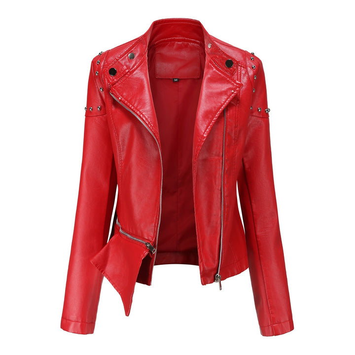 Damen nan asymmetrische Kunstleder-Bikerjacke mit Nietenapplikation und tailliertem Schößchen Echo Archiv