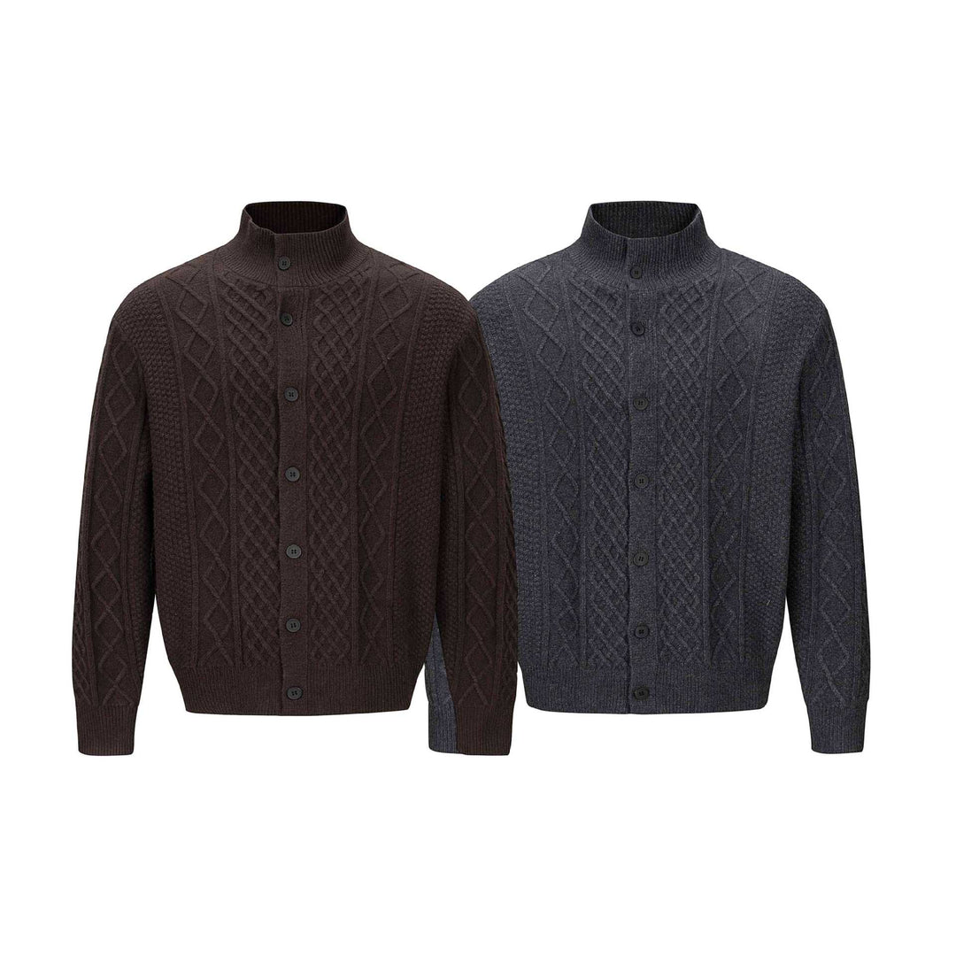 Herren Strickcardigan mit Zopfmuster, Stehkragen und knöpfbarer Front Echoarchiv