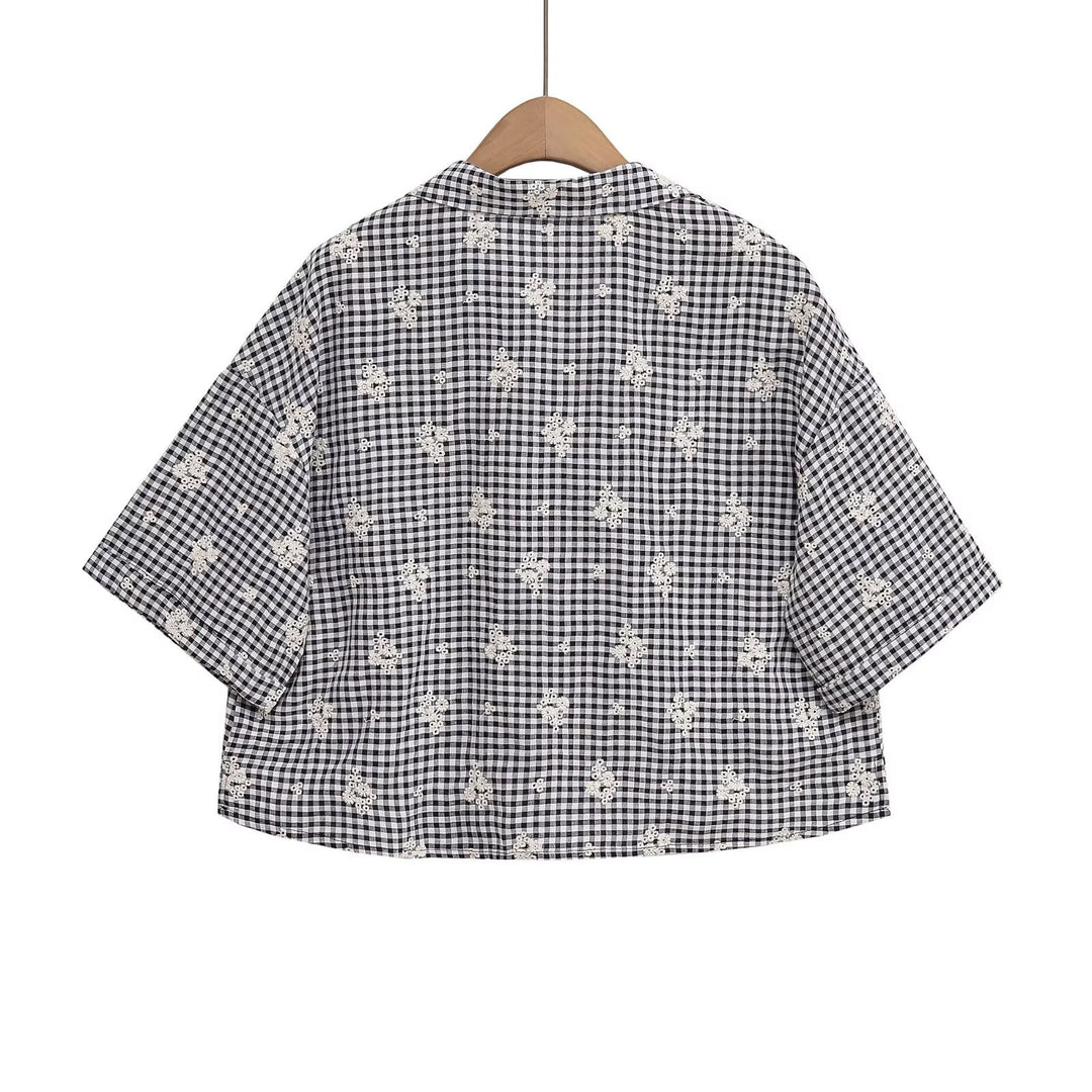 Damen weite Karottenhose mit floralem Gingham-Muster und eleganter Kantenverzierung Echo Archiv