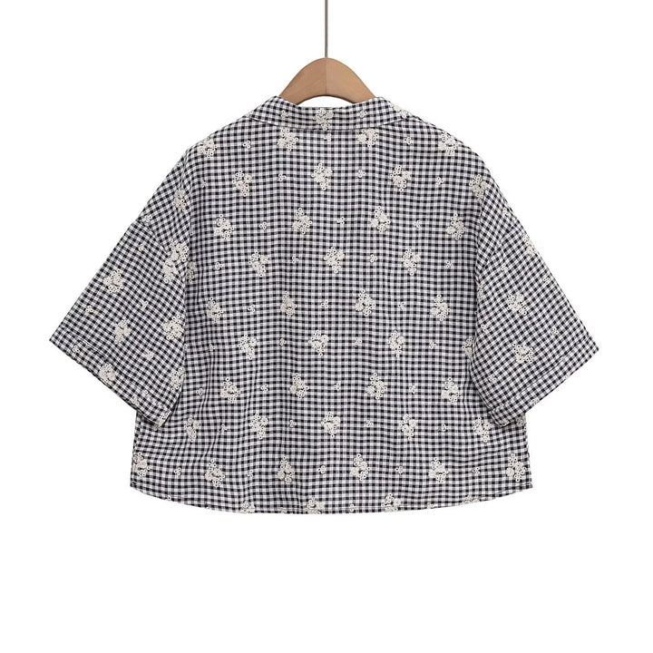 Damen weite Karottenhose mit floralem Gingham-Muster und eleganter Kantenverzierung Echo Archiv