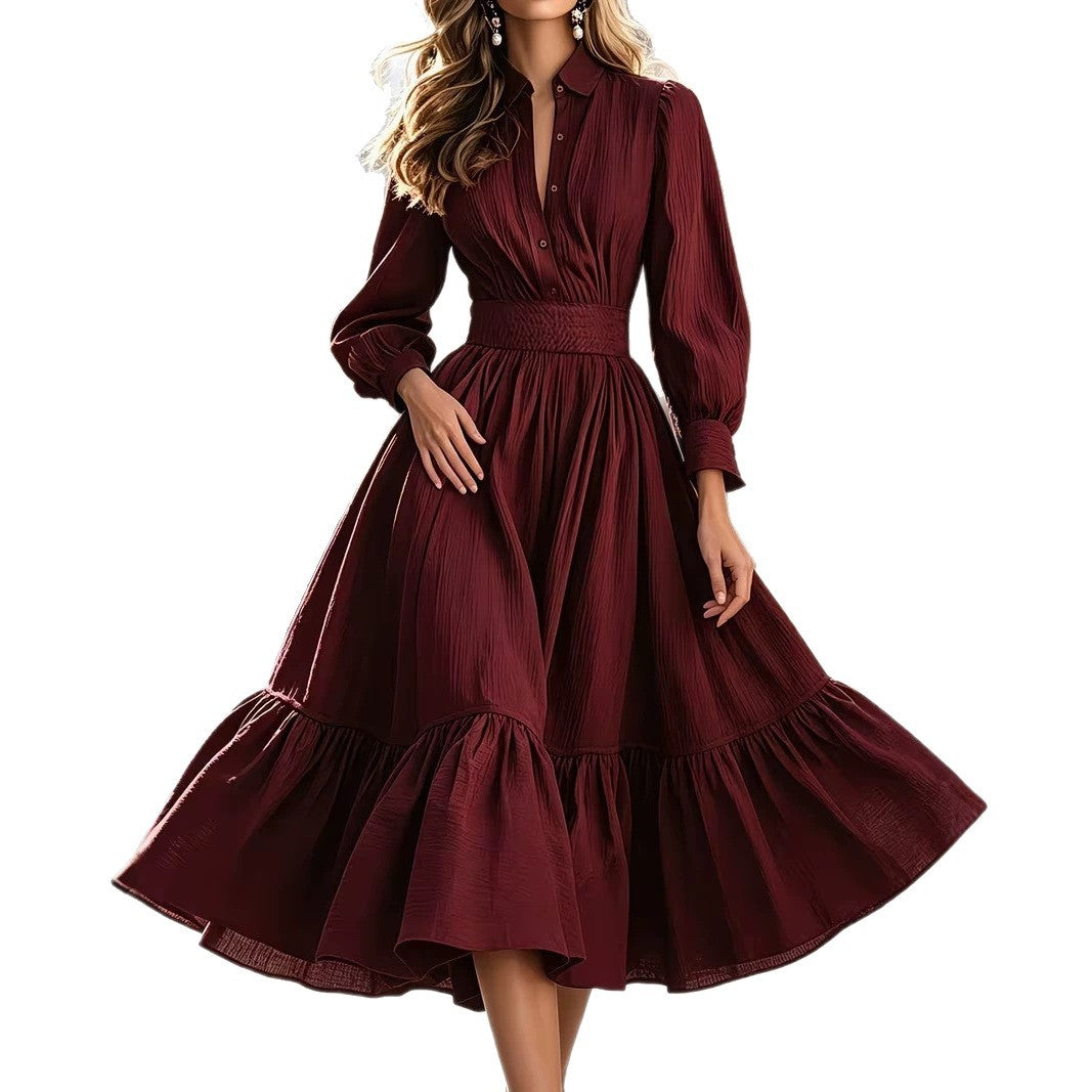 Damen Hemdblusenkleid mit breitem Smokbund, geschwungener Stufenvolant und langen Manschettenärmeln Echo Archiv