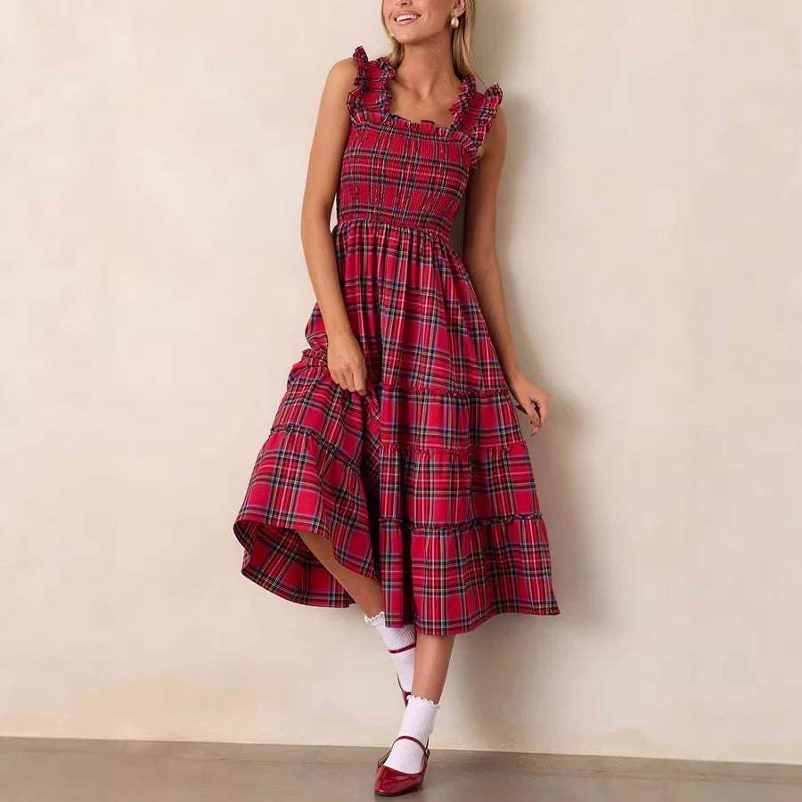 Damen Maxikleid mit voluminösen Rüschendetails und klassischen Karo-Muster Echo Archiv