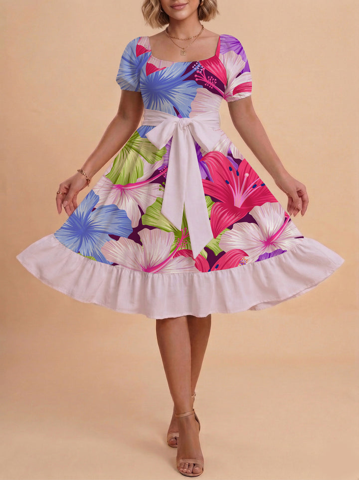 Damen modernes Blumenkleid mit elegantem Taillengürtel und asymmetrischem Saum Echo Archiv