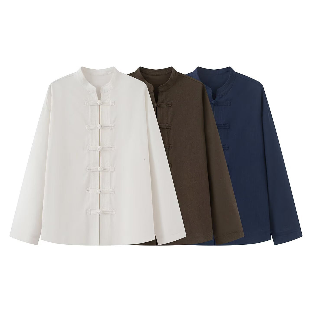 Damen Lockerer Leinen‑Mix Blouson mit Stehkragen und Knotenverschlüssen Echo Archiv