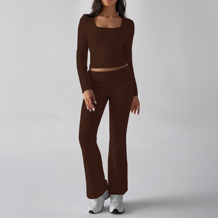 Damen figurbetontes Cropped-Set mit langärmeligem Top mit quadratischem Ausschnitt und ausgestellter High‑Waist Yoga-Hose – Avérine