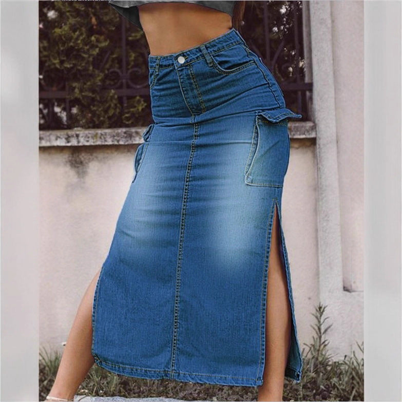 Damen Hochtaillierter Denim-Midirock mit Cargo‑Taschen, seitlichen Beinschlitzen und taillenbetonendem Schnitt Echo Archiv