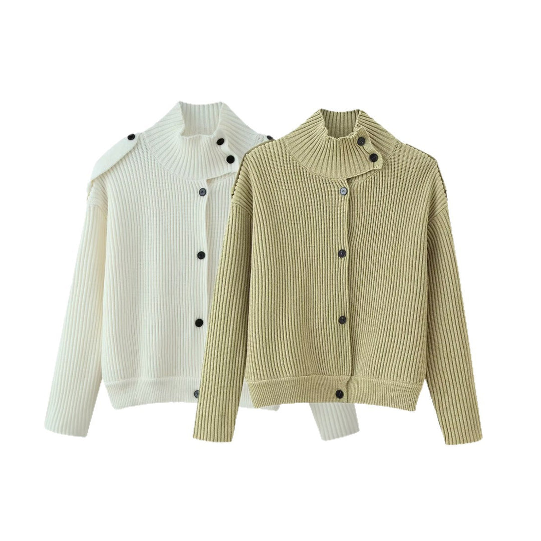 Damen Gerippte Strickcardigan mit asymmetrischem Stehkragen Echoarchiv