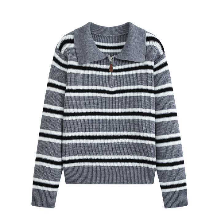 Damen Gestreifter Troyer-Pullover mit Reißverschluss und Polokragen Echo Archiv