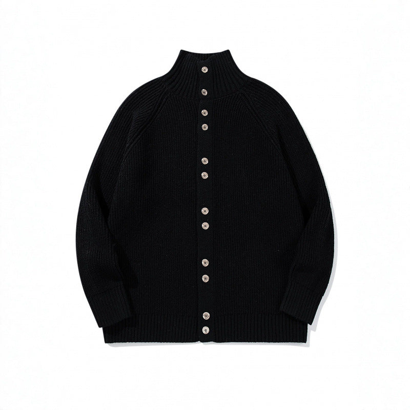 Herren grobgestrickter Knopfcardigan mit hohem Rollkragen und Raglanärmeln Echo Archiv