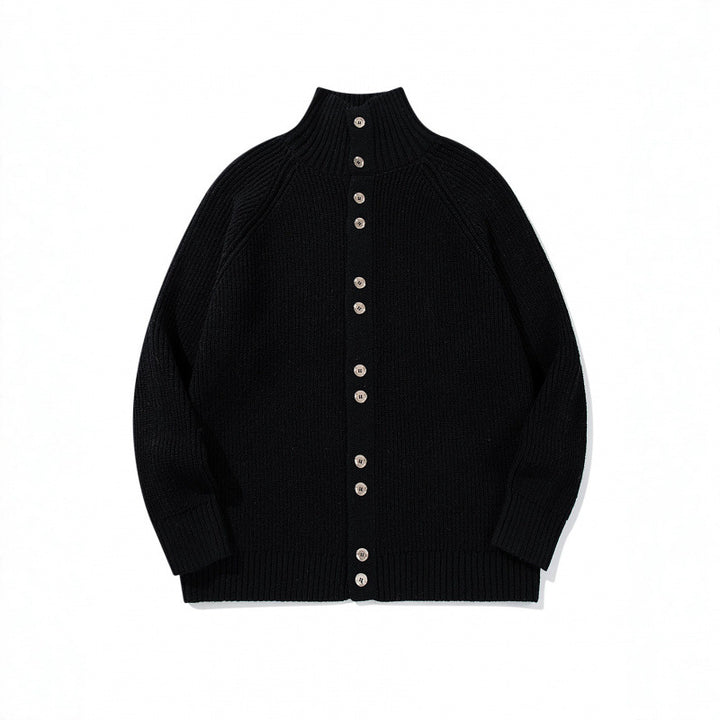 Herren grobgestrickter Knopfcardigan mit hohem Rollkragen und Raglanärmeln Echo Archiv