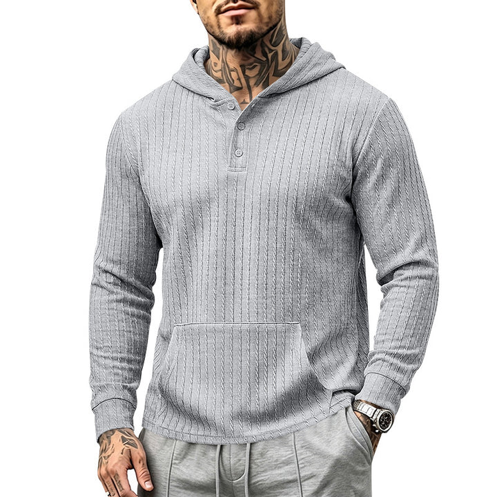 Herren Kapuzen-Henley-Pullover mit Zopfstruktur, Kängurutasche und Rippbündchen Echoarchiv