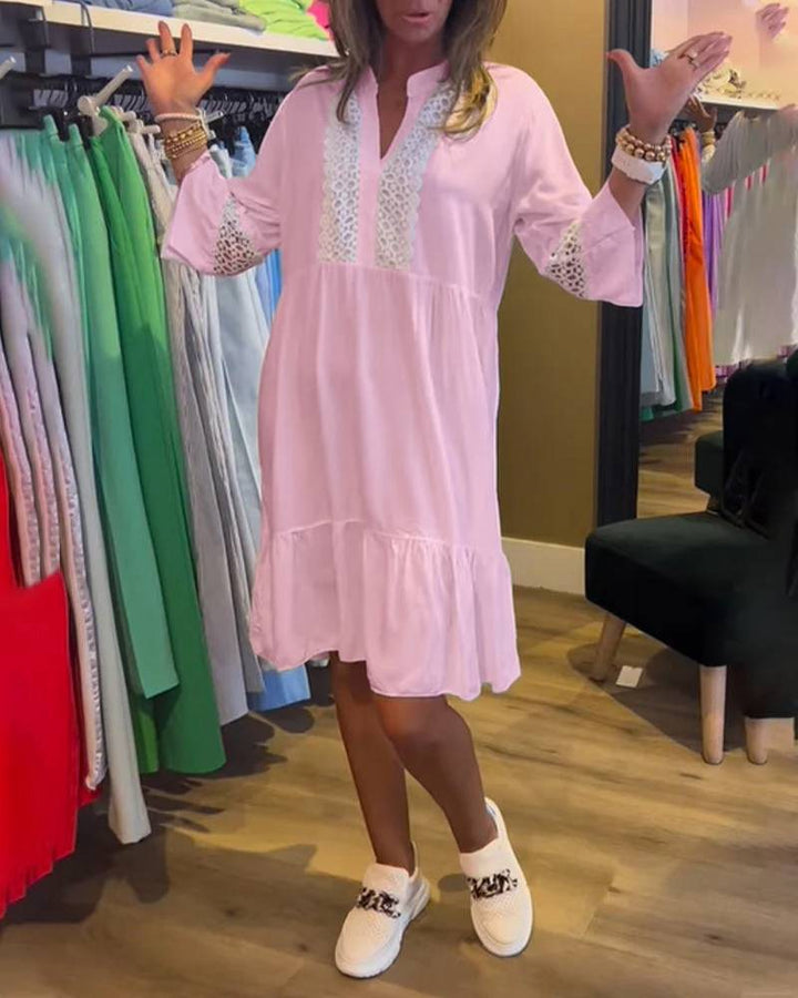 Damen nan lockeres Babydoll-Tunikakleid mit Spitzenpasse, V-Ausschnitt, Stehkragen und Stufenvolant Echo Archiv