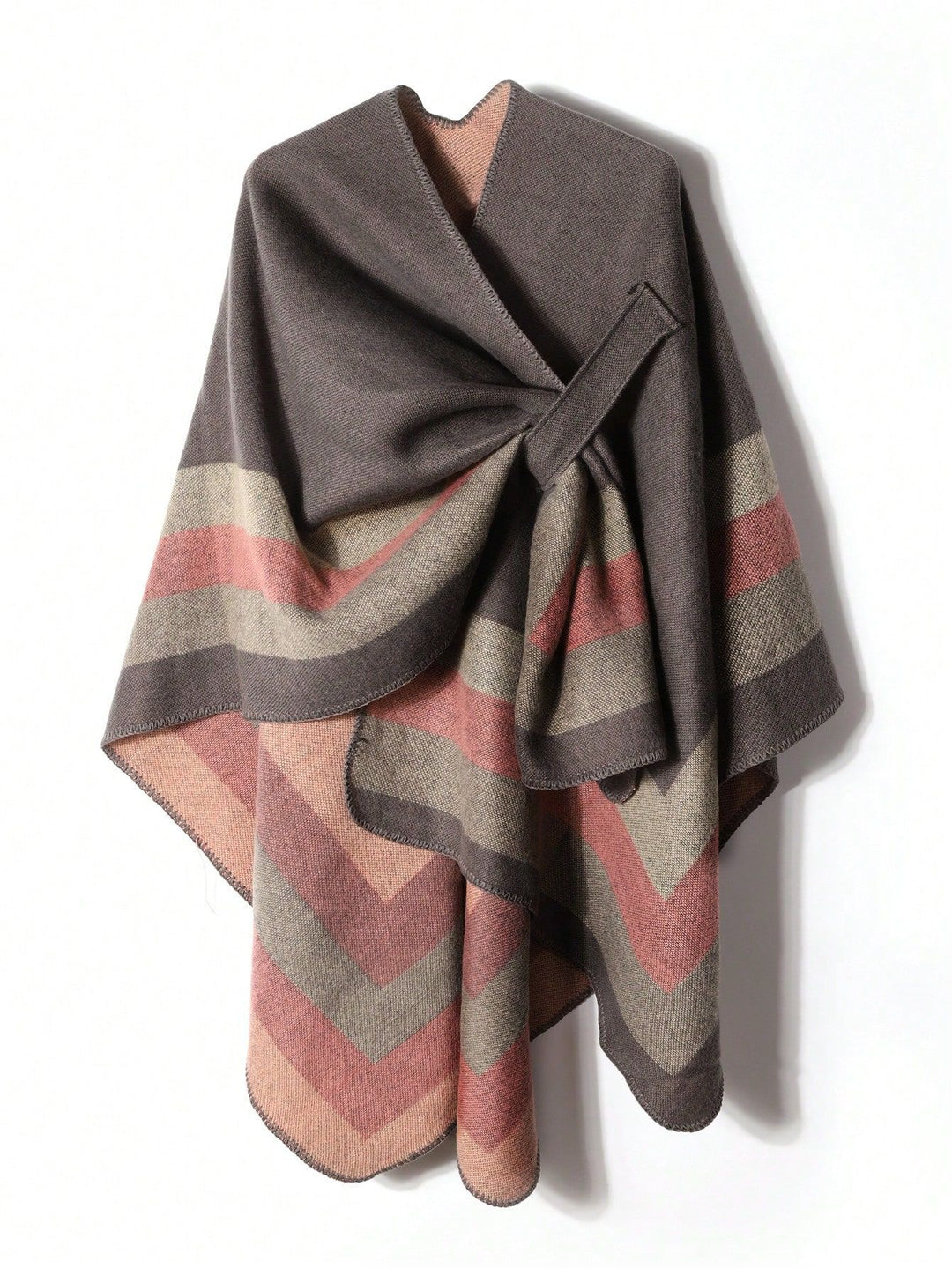 Damen Offener Strick‑Cape‑Poncho mit kontrastierenden Blockstreifen und Zierstich – Avérine