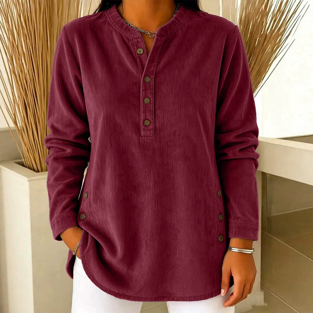 Damen Lässige Cordoptik‑Tunika mit Henley‑Kragen und Seitenknöpfen – Avérine