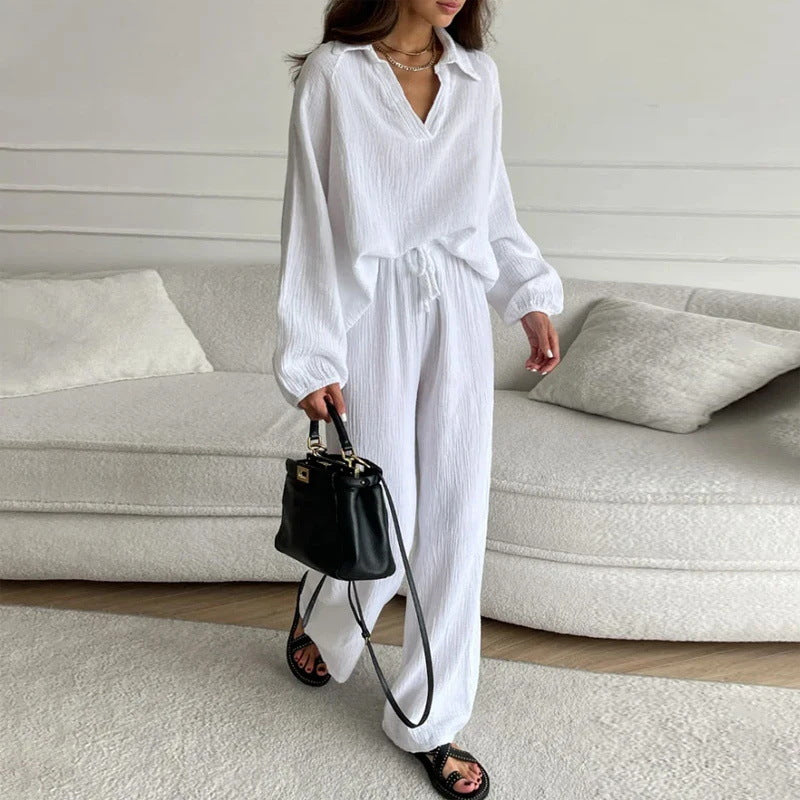 Damen Leichtes Crinkle-Lounge-Set mit V-Ausschnitt und weiter High-Waist-Hose Echo Archiv